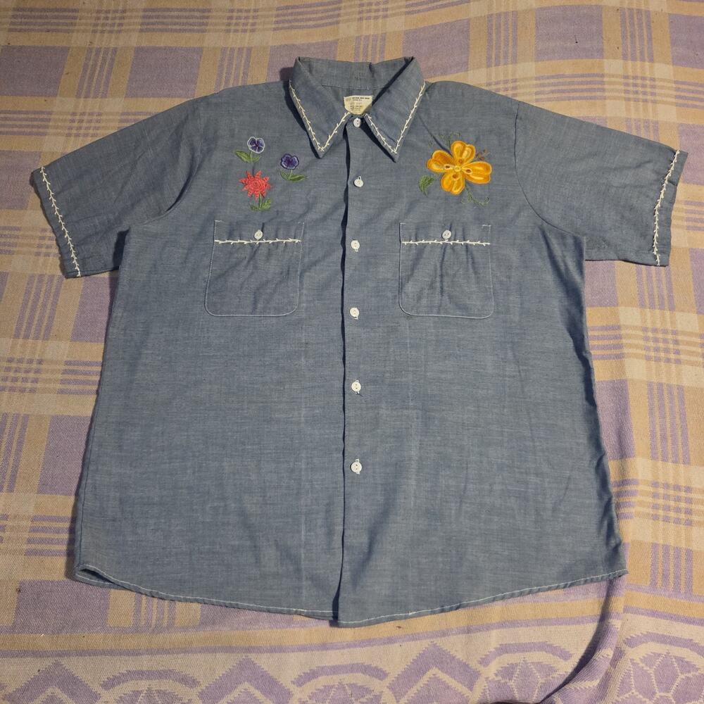 Vintage 60s 70s Custom Embroidered Chain Stitch Chambray Work Shirt